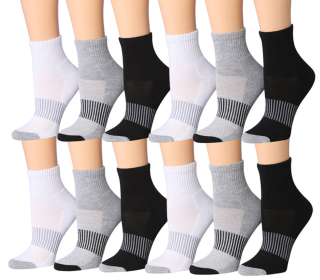 Tipi Toe Women's 12-Pairs Running & Athletic Sports Performance Ankle/Quarter Socks (Color: White Gray Black Classic)