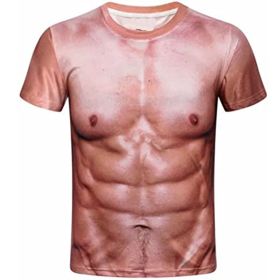 Mens Funny Muscle Printed Short Sleeve T-Shirt Muscle Man Costume Summer Tees (Color: Dark flesh-S)