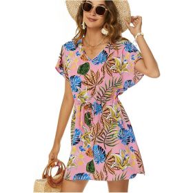 Women Casual Swim Cover up Short Sleeve Mini Beach Dress (Color: style 3, size: S)