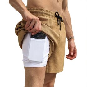 Men's 2 in 1 Running Shorts Athletic Shorts with Liner (Color: khaki, size: L)