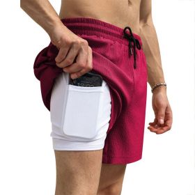 Men's 2 in 1 Running Shorts Athletic Shorts with Liner (Color: Red, size: L)