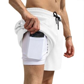 Men's 2 in 1 Running Shorts Athletic Shorts with Liner (Color: White, size: M)