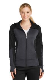 Sport-Tek Ladies Tech Fleece Colorblock Full-Zip Hooded Jacket LST245 (Color: Black/ Graphite Heather/ Black, size: S)