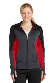 Sport-Tek Ladies Tech Fleece Colorblock Full-Zip Hooded Jacket LST245 (Color: Black/ Graphite Heather/ True Red, size: M)