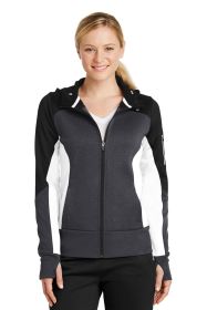 Sport-Tek Ladies Tech Fleece Colorblock Full-Zip Hooded Jacket LST245 (Color: Black/ Graphite Heather/ White, size: 3XL)