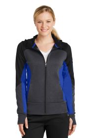 Sport-Tek Ladies Tech Fleece Colorblock Full-Zip Hooded Jacket LST245 (Color: Black/ Graphite Heather/ True Royal, size: XXL)